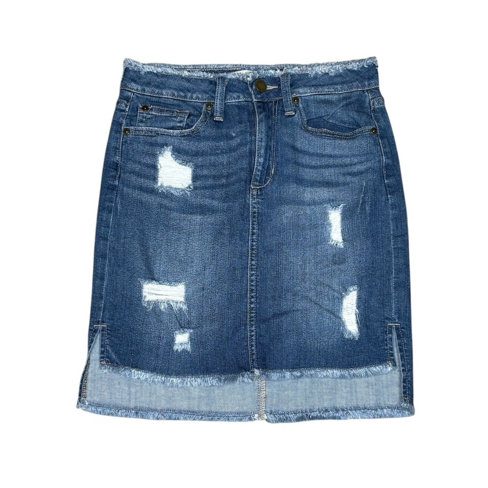 JBD Distressed Medium Wash Raw Hem High Low Denim Skirt Size XS